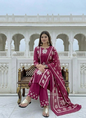 pink white floral block printed cotton straight kurta palazzo set with dupatta 2