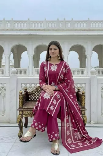pink white floral block printed cotton straight kurta palazzo set with dupatta