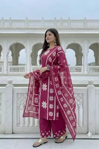 pink white floral block printed cotton straight kurta palazzo set with dupatta