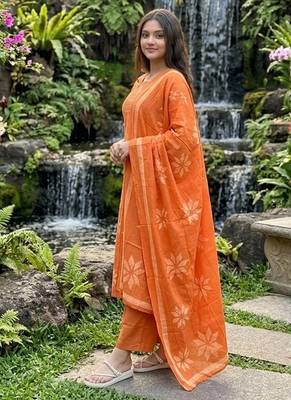 orange floral printed cotton anarkali suit with dupatta 1