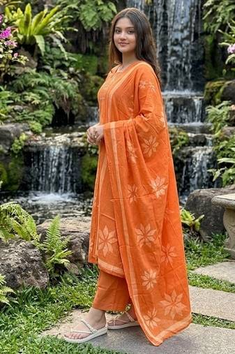 orange floral printed cotton anarkali suit with dupatta