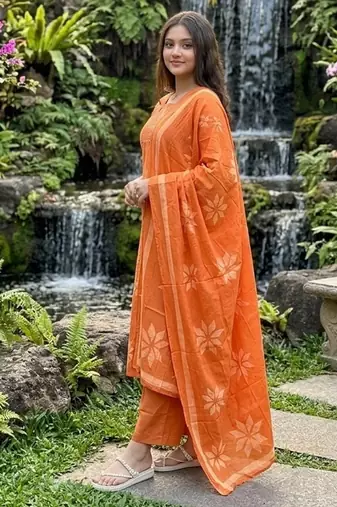 orange floral printed cotton anarkali suit with dupatta