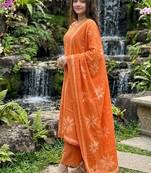 orange floral printed cotton anarkali suit with dupatta