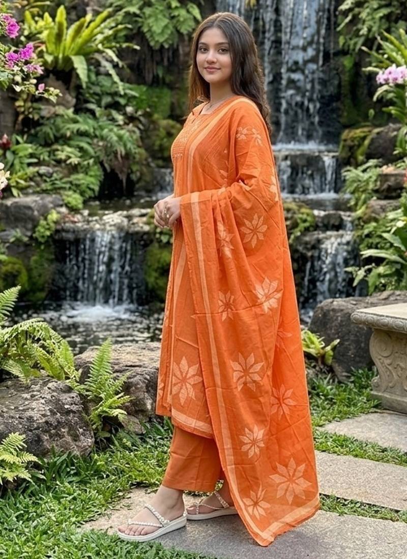 orange floral printed cotton anarkali suit with dupatta