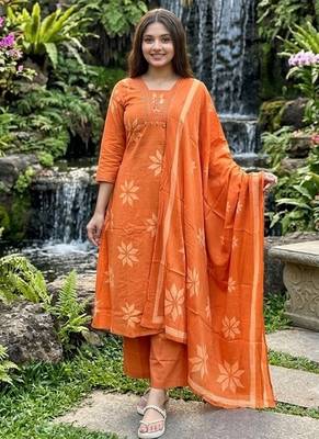 orange floral printed cotton anarkali suit with dupatta 5