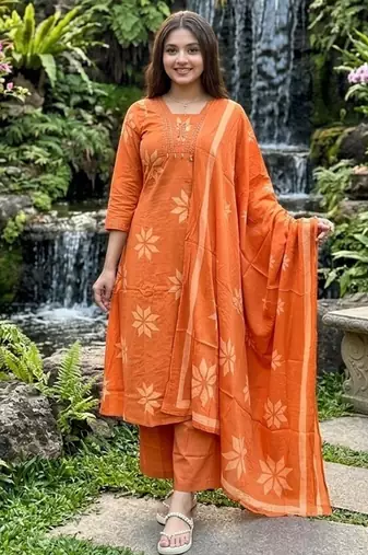 orange floral printed cotton anarkali suit with dupatta