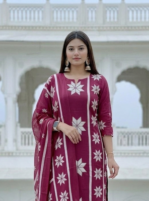 pink white floral block printed cotton straight kurta palazzo set with dupatta 4
