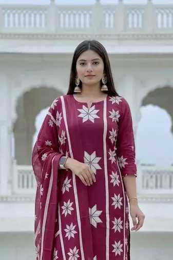 pink white floral block printed cotton straight kurta palazzo set with dupatta