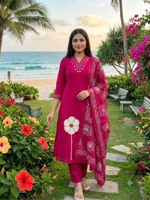 magenta applique & gota patti work cotton straight kurta pant set with dupatta 1