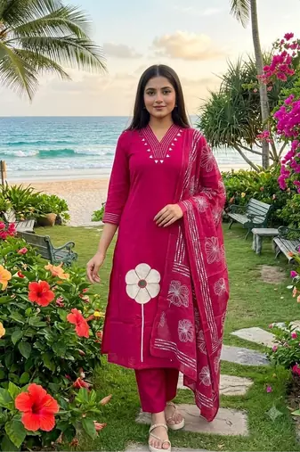 magenta applique & gota patti work cotton straight kurta pant set with dupatta