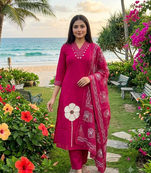 magenta applique & gota patti work cotton straight kurta pant set with dupatta