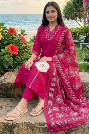 magenta applique & gota patti work cotton straight kurta pant set with dupatta