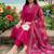 magenta applique & gota patti work cotton straight kurta pant set with dupatta