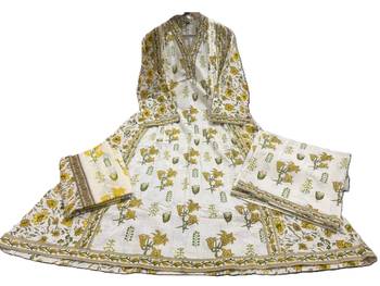 Beautiful jaipuri off-white and mustard yellow floral block printed cotton anarkali suit set 5