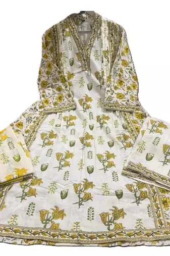 Beautiful jaipuri off-white and mustard yellow floral block printed cotton anarkali suit set
