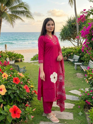 magenta applique & gota patti work cotton straight kurta pant set with dupatta 3
