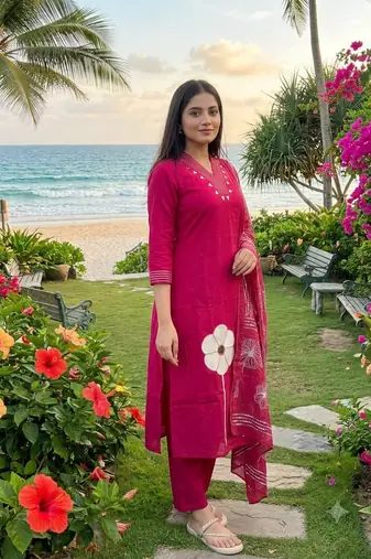 magenta applique & gota patti work cotton straight kurta pant set with dupatta