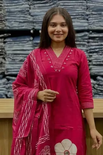magenta applique & gota patti work cotton straight kurta pant set with dupatta