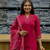 magenta applique & gota patti work cotton straight kurta pant set with dupatta