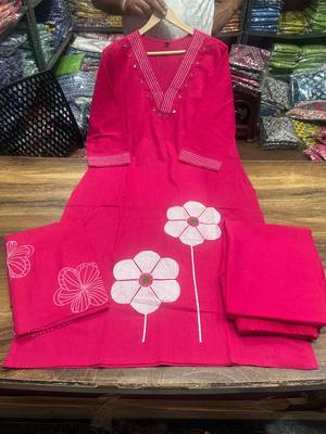 magenta applique & gota patti work cotton straight kurta pant set with dupatta 5