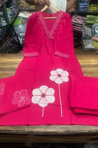 magenta applique & gota patti work cotton straight kurta pant set with dupatta