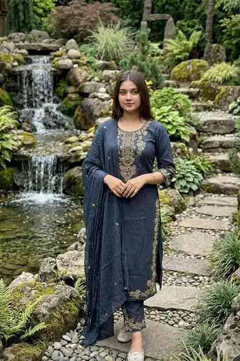 navy blue zari embroidered cotton straight kurta set with dupatta