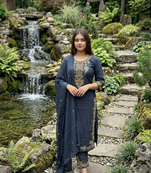 navy blue zari embroidered cotton straight kurta set with dupatta