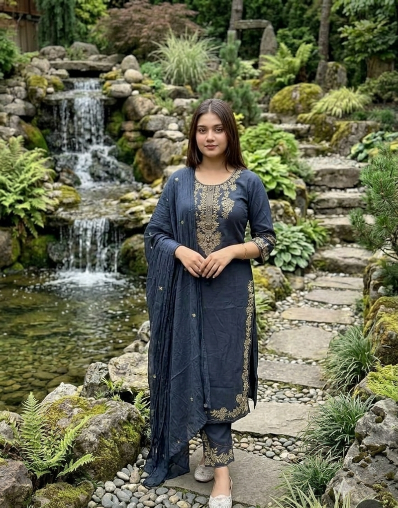 navy blue zari embroidered cotton straight kurta set with dupatta
