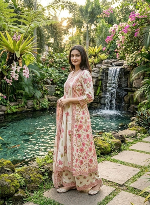 pink and cream floral printed handwork taj cotton a-line kurta suit set 5