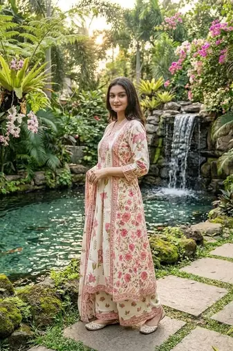pink and cream floral printed handwork taj cotton a-line kurta suit set