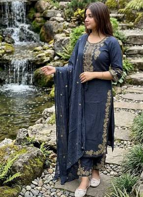 navy blue zari embroidered cotton straight kurta set with dupatta 2