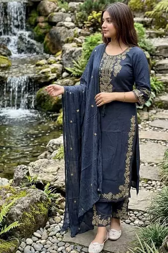 navy blue zari embroidered cotton straight kurta set with dupatta