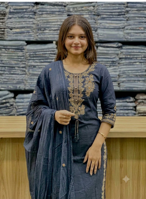 navy blue zari embroidered cotton straight kurta set with dupatta 3