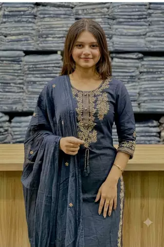 navy blue zari embroidered cotton straight kurta set with dupatta