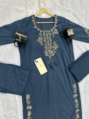 navy blue zari embroidered cotton straight kurta set with dupatta 4