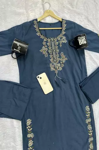 navy blue zari embroidered cotton straight kurta set with dupatta