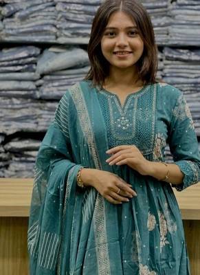 teal blue embroidered cotton anarkali kurta pant with malmal dupatta set 1