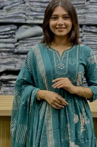 teal blue embroidered cotton anarkali kurta pant with malmal dupatta set
