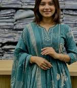teal blue embroidered cotton anarkali kurta pant with malmal dupatta set
