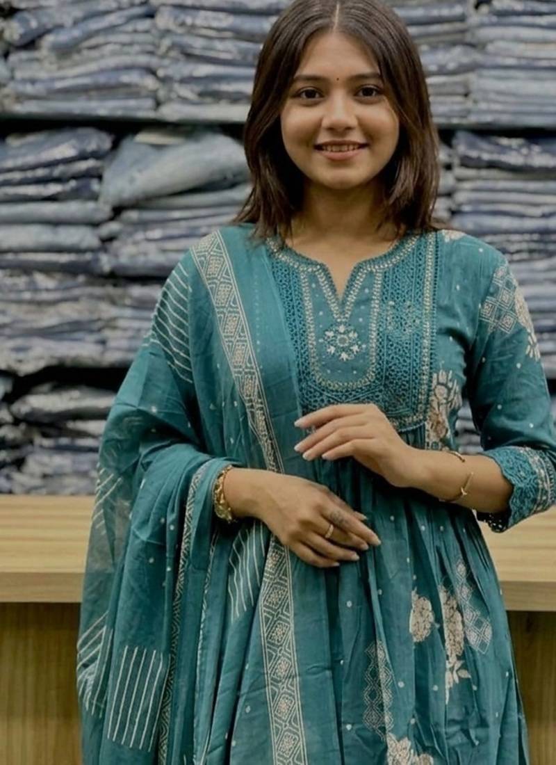 teal blue embroidered cotton anarkali kurta pant with malmal dupatta set