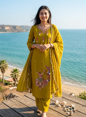 Beautiful jaipuri mustard yellow embroidered cotton-blend straight salwar suit set 1
