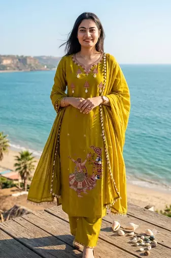 Beautiful jaipuri mustard yellow embroidered cotton-blend straight salwar suit set