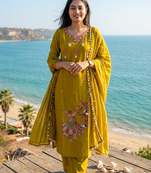 Beautiful jaipuri mustard yellow embroidered cotton-blend straight salwar suit set