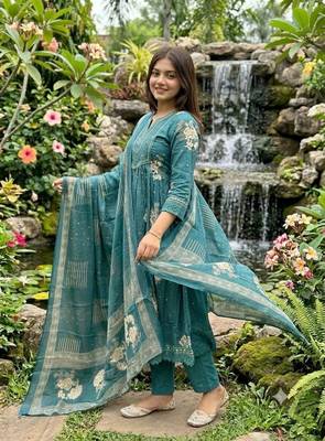 teal blue embroidered cotton anarkali kurta pant with malmal dupatta set 3