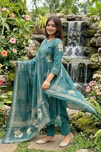 teal blue embroidered cotton anarkali kurta pant with malmal dupatta set