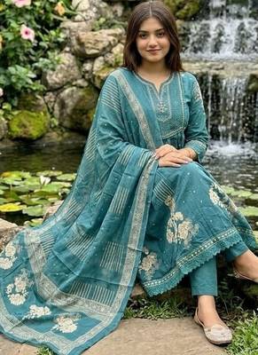 teal blue embroidered cotton anarkali kurta pant with malmal dupatta set 4