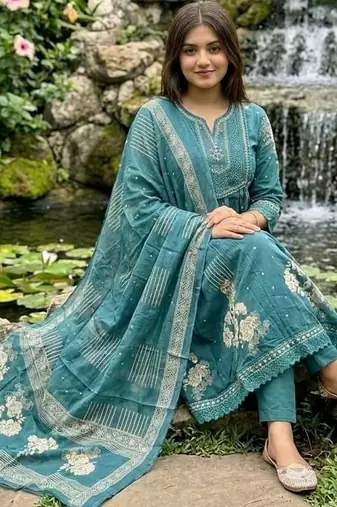 teal blue embroidered cotton anarkali kurta pant with malmal dupatta set
