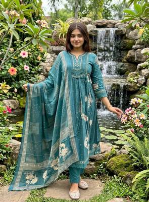 teal blue embroidered cotton anarkali kurta pant with malmal dupatta set 5