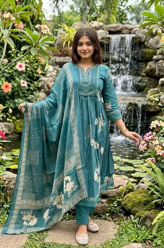 teal blue embroidered cotton anarkali kurta pant with malmal dupatta set