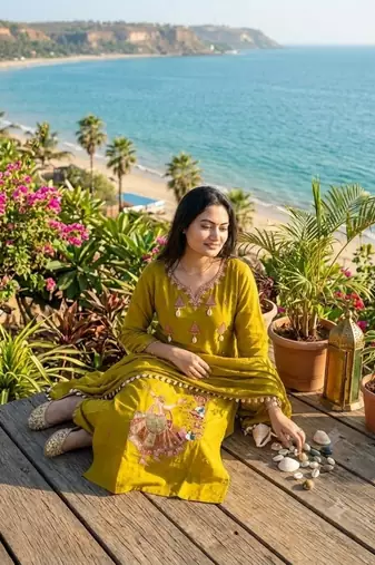 Beautiful jaipuri mustard yellow embroidered cotton-blend straight salwar suit set